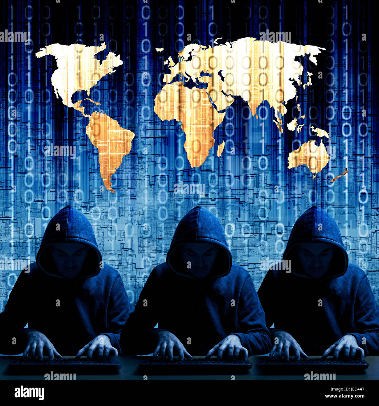 hacker team with world map behind them, global cyberattack concept