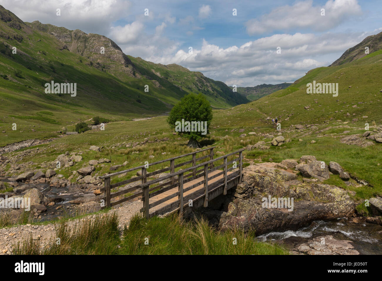 Footbridge over Stake Beck at the foot of Stake Pass in Langstrath Cumbria Stock Photo