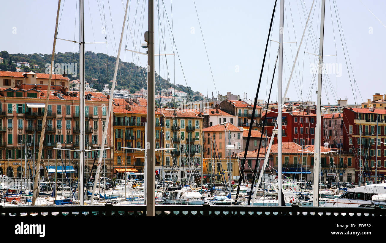 NICE, FRANCE - JULY 11, 2008: view of old port in Nice city. Nice is located in French Riviera , it is the capital of Alpes-Maritimes departement loca Stock Photo