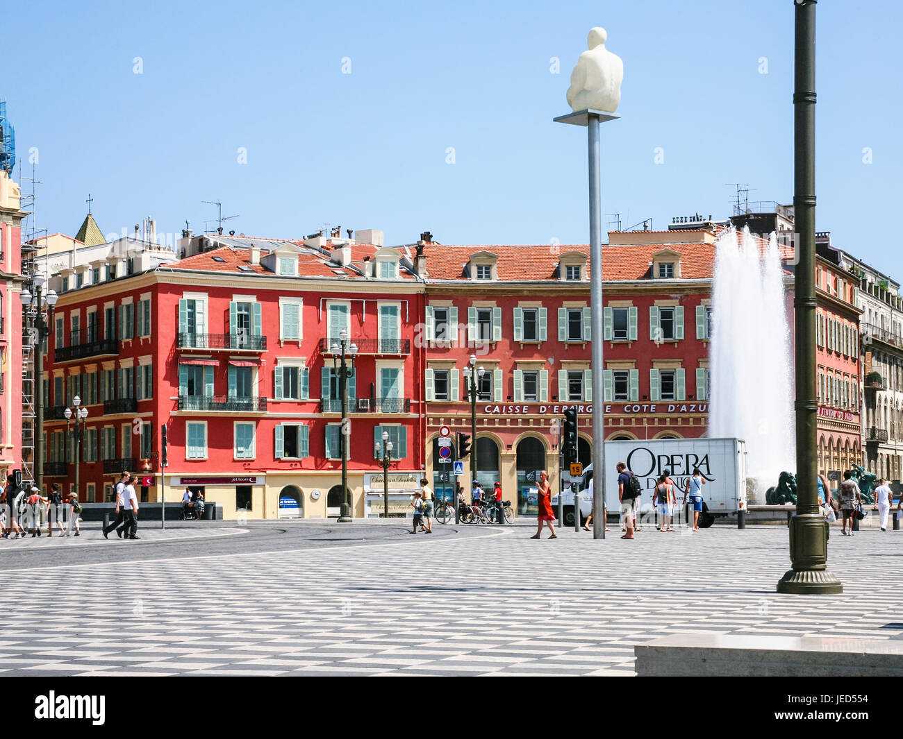 NICE, FRANCE - JULY 11, 2008: People on square Place Massena in Nice city. Nice is located in French Riviera , it is the capital of Alpes-Maritimes de Stock Photo