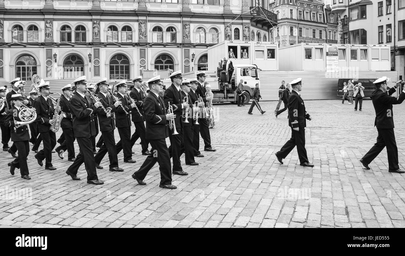 RIGA, LATVIA - SEPTEMBER 10, 2008: military band on on Doma Laukums square in Old Riga town in autumn. Riga city historical centre is a UNESCO World H Stock Photo