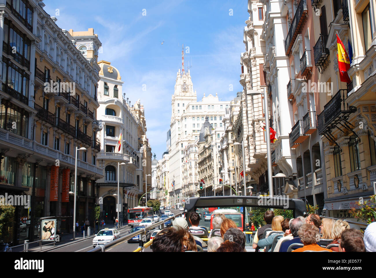 Gran Via street viewed from the tourist bus. Madrid, Spain. Stock Photo