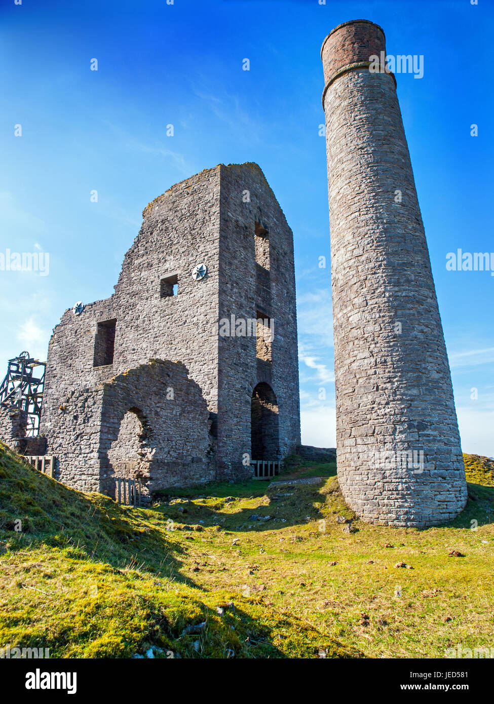 Disused buildings at Magpie Mine a former lead mine near the village of Sheldon in Derbyshire Stock Photo