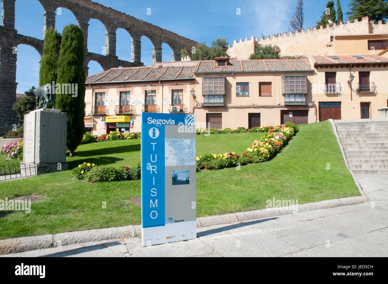Tourist information and Roman aqueduct. Segovia, Spain. Stock Photo