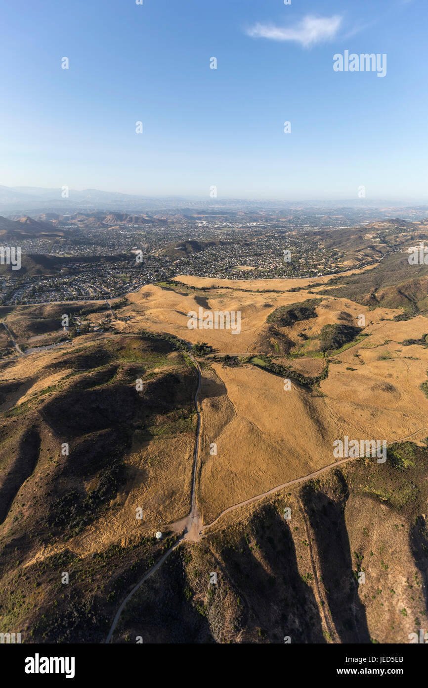 Aerial view of spacious parkland and suburban neighborhoods in Thousand Oaks and Newbury Park, California. Stock Photo
