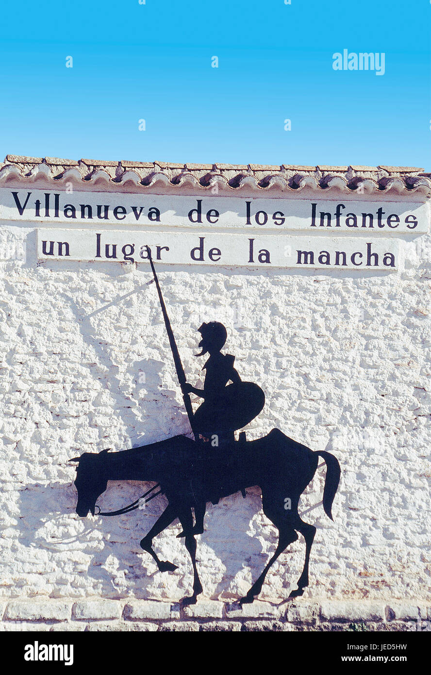 Don Quijote sign. Villanueva de los Infantes, Ciudad Real province, Castilla La Mancha, Spain. Stock Photo