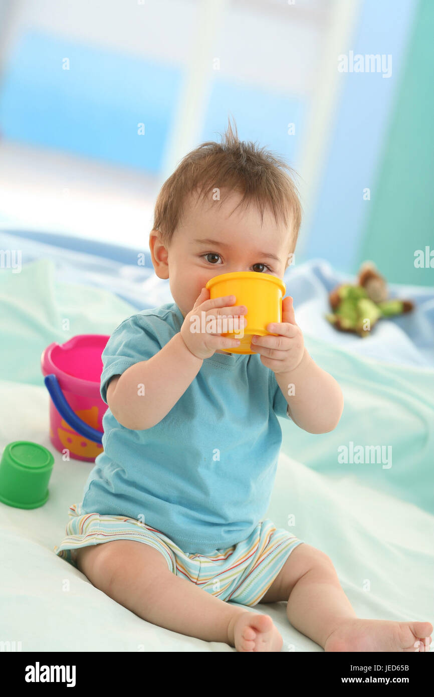 Baby, 5 months, portrait, seated, mug, drink, Stock Photo
