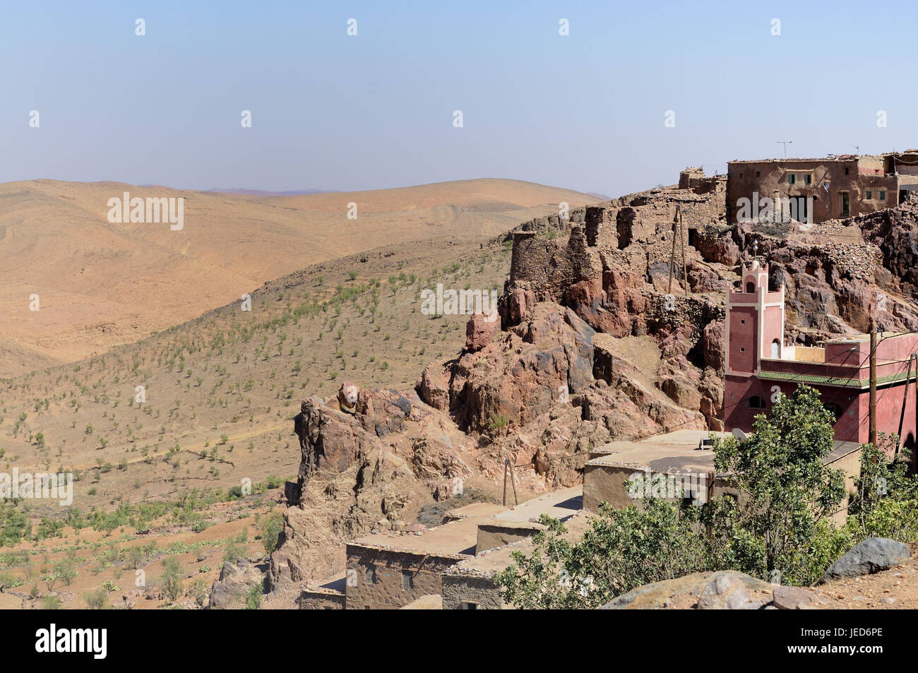 Mountain village, houses, mosque, rock, cleft, anti-atlas mountains, Morocco, Africa, Stock Photo