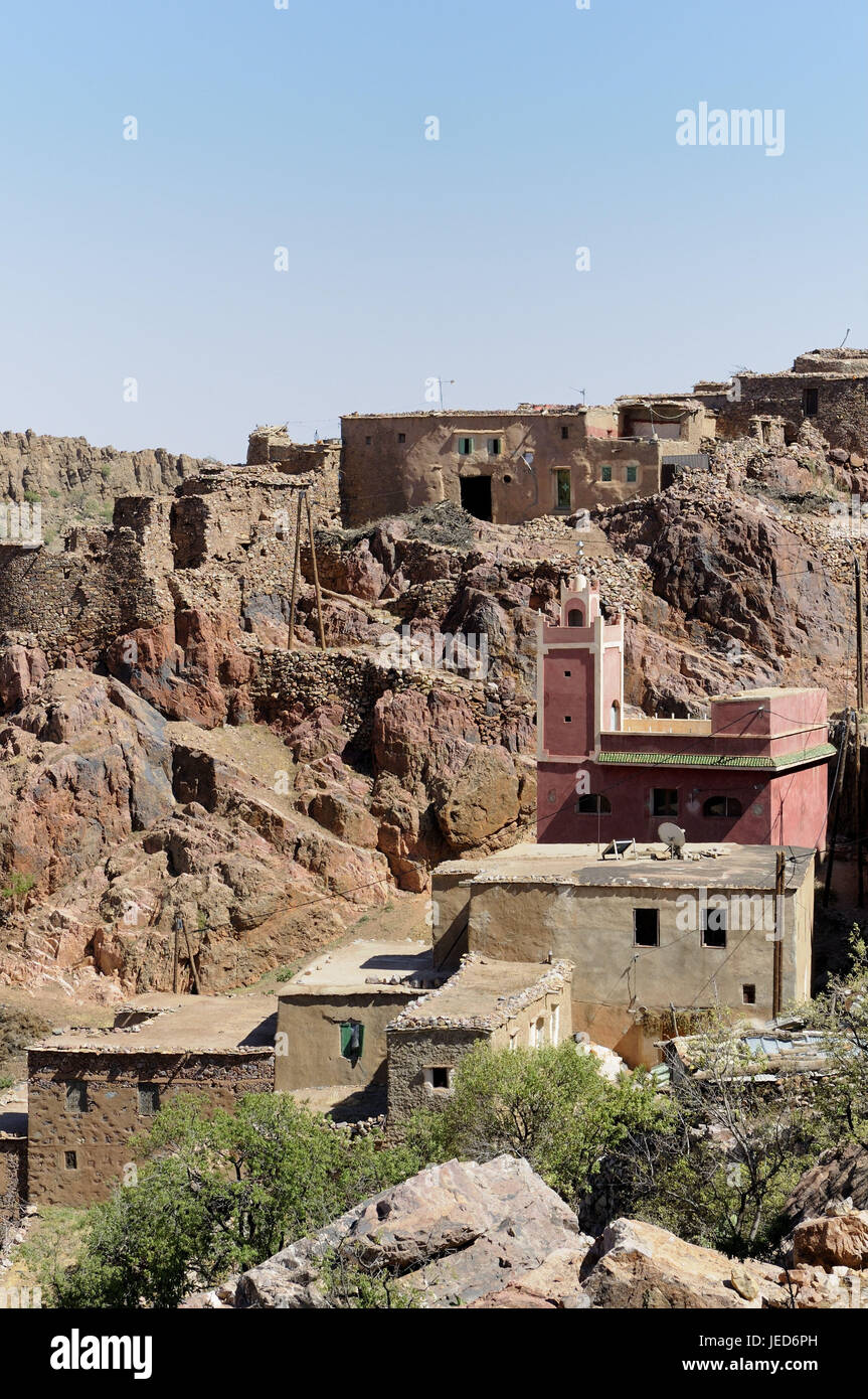 Mountain village, houses, mosque, rock, cleft, anti-atlas mountains, Morocco, Africa, Stock Photo