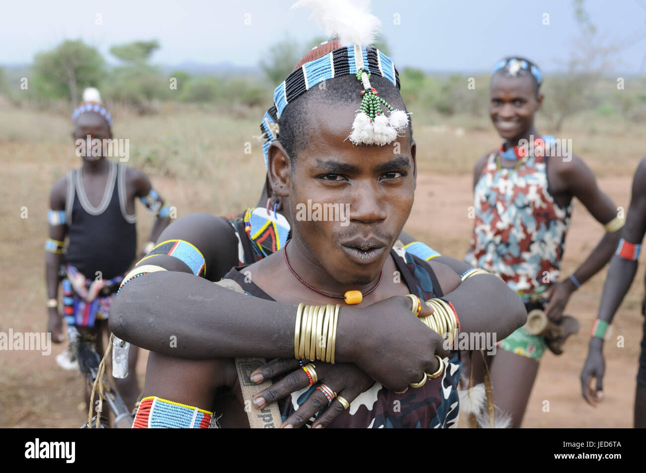 Men, young, 'Jumping of the Bull' ceremony, tribe Hamar, southern Omotal, Ethiopia, Stock Photo