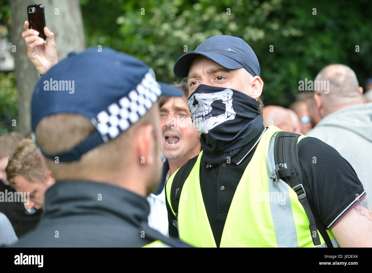 Westminster, London, UK. 24th June, 2017. The EDL march in central London is heavily policed against a counter demo by the UAF. Credit: Matthew Chattle/Alamy Live News Stock Photo