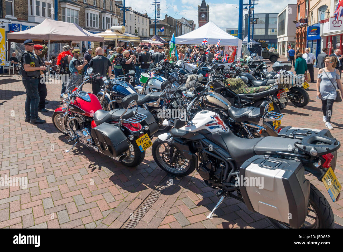 Redcar Cleveland North Yorkshire 24 June 2017:  Armed Forces Day was celebrated country wide today with events to show support for the serving and veteran armed forces and their families.  In addition to parades, in Redcar there was a meeting of the AFB Armed Forces Bikers a registered charity which displays and rides their Motor Cycles to raise money for Military Charities. Credit: Peter Jordan NE/Alamy Live News Stock Photo