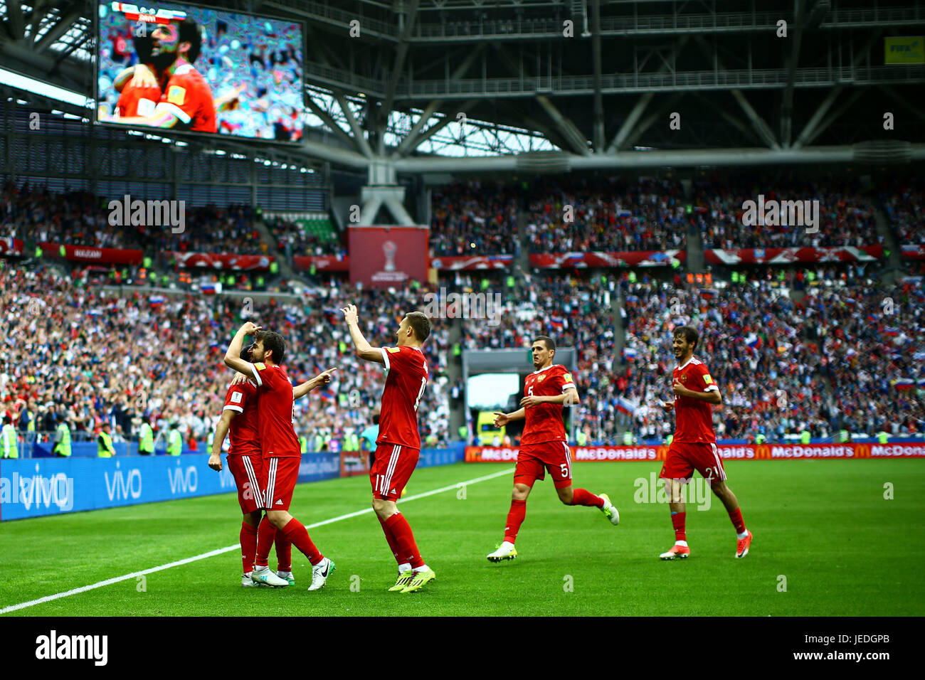 Kazan, Russia. 24th June, 2017. Bukharov Aleksandr, Vasin Viktor and Erokhin Aleksandr celebrate Samedov Alexander&#39oal durinuring a match between Mexico and Russia valid for the third round of the 2017 Confederas Cup on Sat Saturday (24) held at the Kazan Arena in Kazan, Russia. (Photo: Heuler Andrey/DiaEsportivo/Fotoarena) Credit: Foto Arena LTDA/Alamy Live News Stock Photo