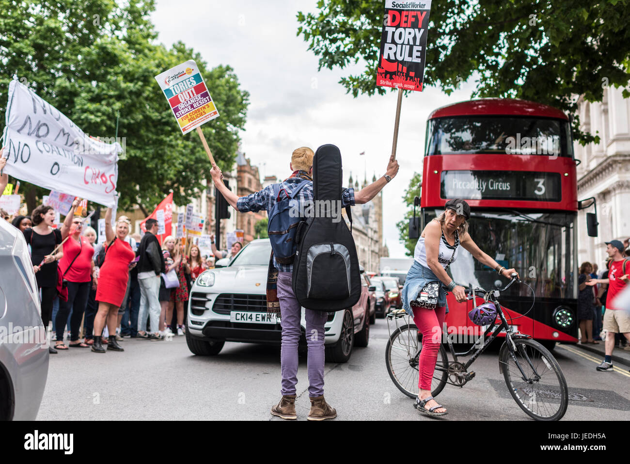 London, UK, 24th June 2017. Young people protest in front of Downing Street against the Tory government which is trying to create an alliance with the DUP. Credit: onebluelight.com/Alamy Live News Stock Photo