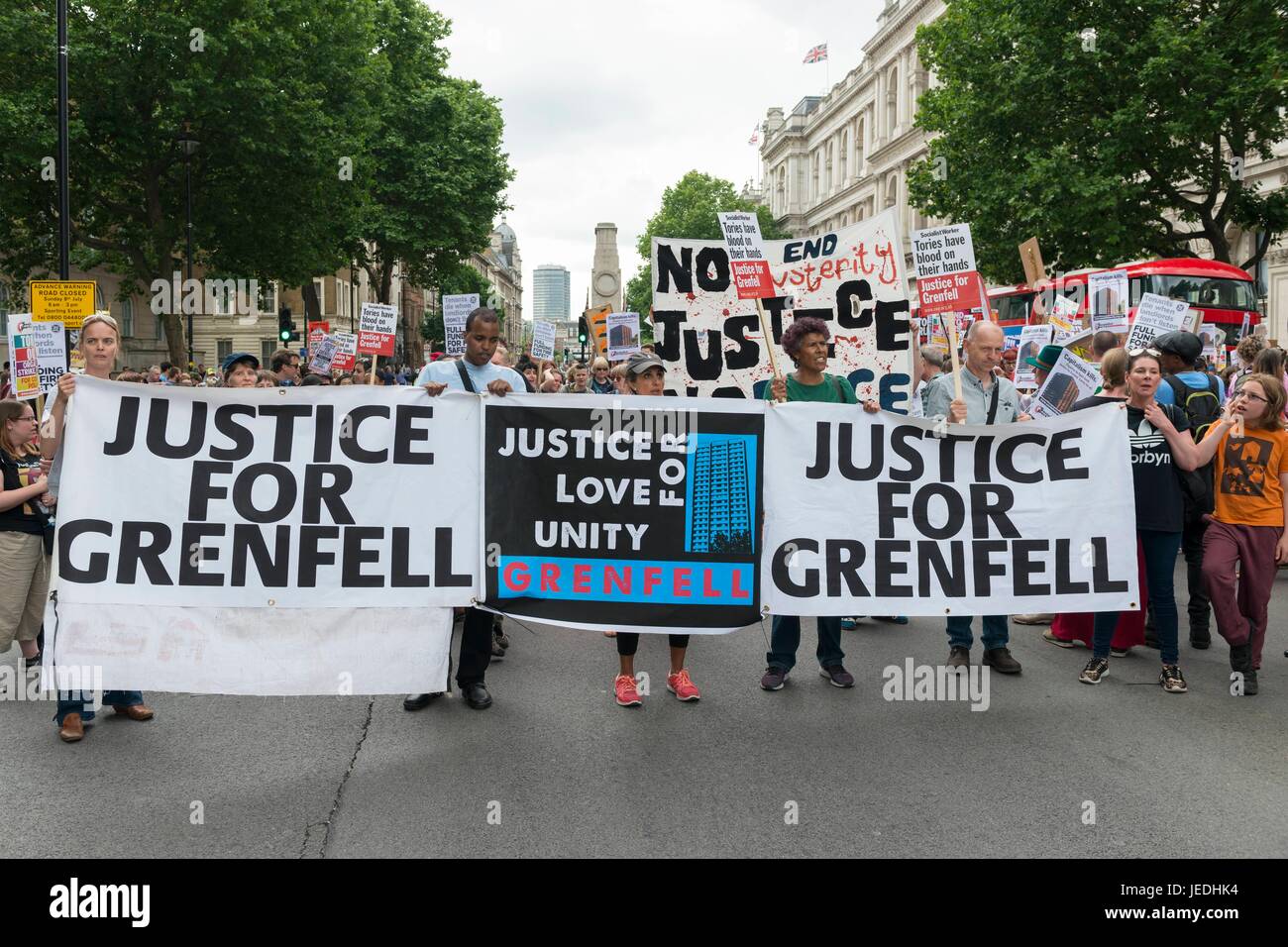 London, United Kingdom Of Great Britain And Northern Ireland. 24th June, 2017. Justice for Grenfell, Protesters with a banners at March for homes. London, UK. 24/06/2017 | usage worldwide Credit: dpa/Alamy Live News Stock Photo