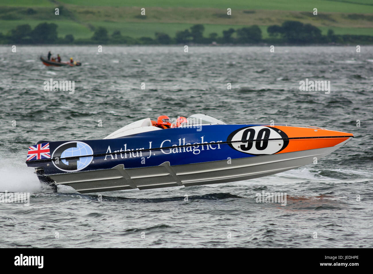 P1 Superstock Powerboat Racing from the Esplanade, Greenock, Scotland, 24 June 2017. Boat 90, Arthur J Gallagher, driven by Dave Taft and navigated by Andy Cousins. Stock Photo