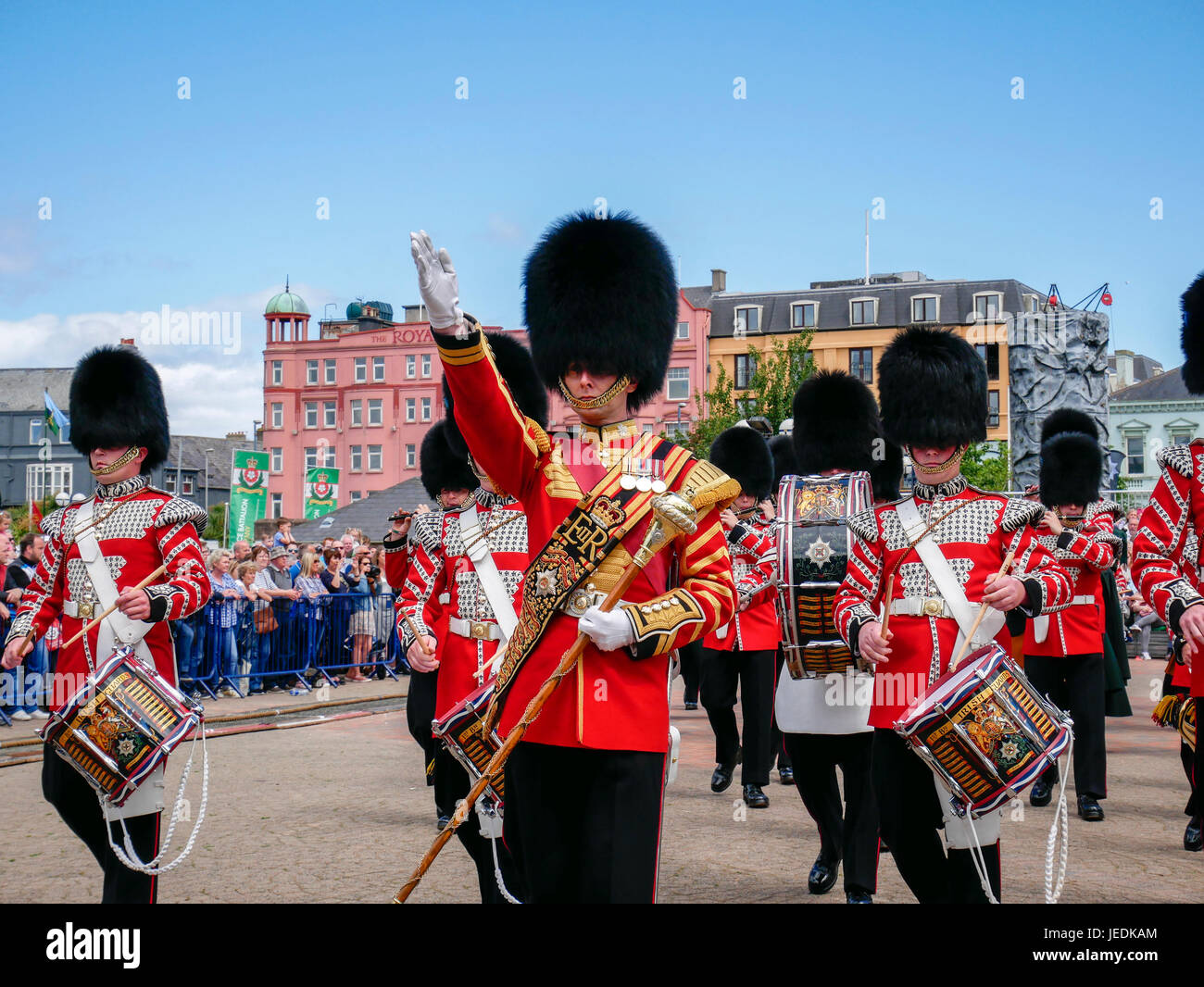 Bangor, Northern Ireland, UK. 24 June 2017. The Northern Ireland Armed Forces Day hosted by Bangor Sea Festival drew crowds to the seaside town. The weather co-operated with sunshine throughout and a temperature approaching 20C. Irish Guards Band. Credit J Orr/Alamy Live News Stock Photo