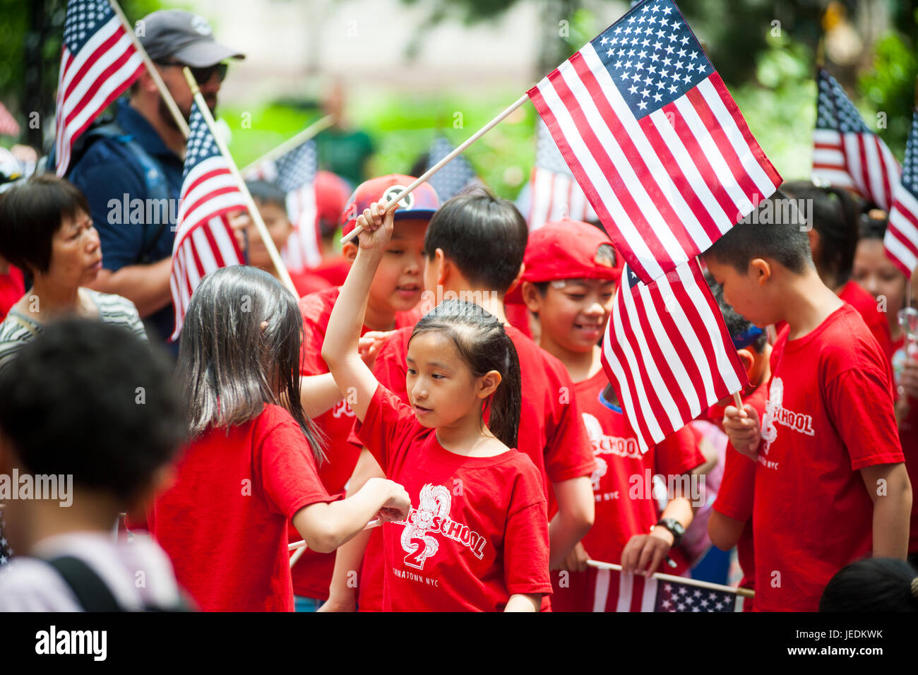 Students from PS 2 prepare to march in the annual Flag Day Parade in New York on Wednesday, June 14, 2017, starting at New York City Hall Park.  Flag Day was created by proclamation by President Woodrow Wilson on June 14, 1916 as a holiday honoring America's flag but it was not until 1949 when it became National Flag Day.  The holiday honors the 1777 Flag Resolution where the stars and stripes were officially adopted as the flag of the United States. (© Richard B. Levine) Stock Photo