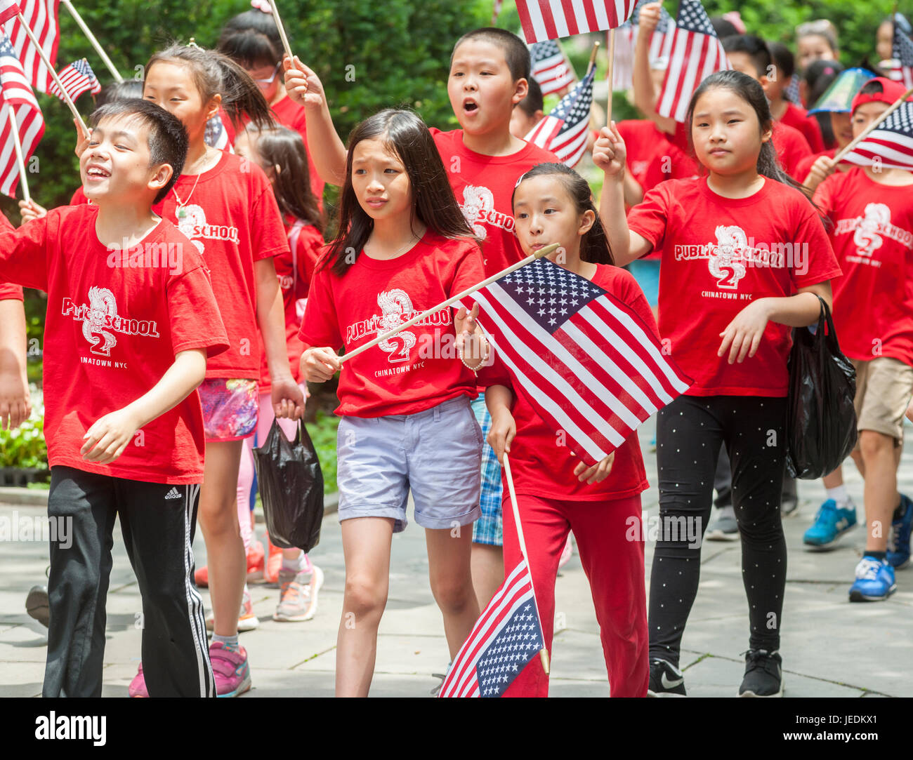 Students from PS 2 march in the annual Flag Day Parade in New York on Wednesday, June 14, 2017, starting at New York City Hall Park.  Flag Day was created by proclamation by President Woodrow Wilson on June 14, 1916 as a holiday honoring America's flag but it was not until 1949 when it became National Flag Day.  The holiday honors the 1777 Flag Resolution where the stars and stripes were officially adopted as the flag of the United States. (© Richard B. Levine) Stock Photo