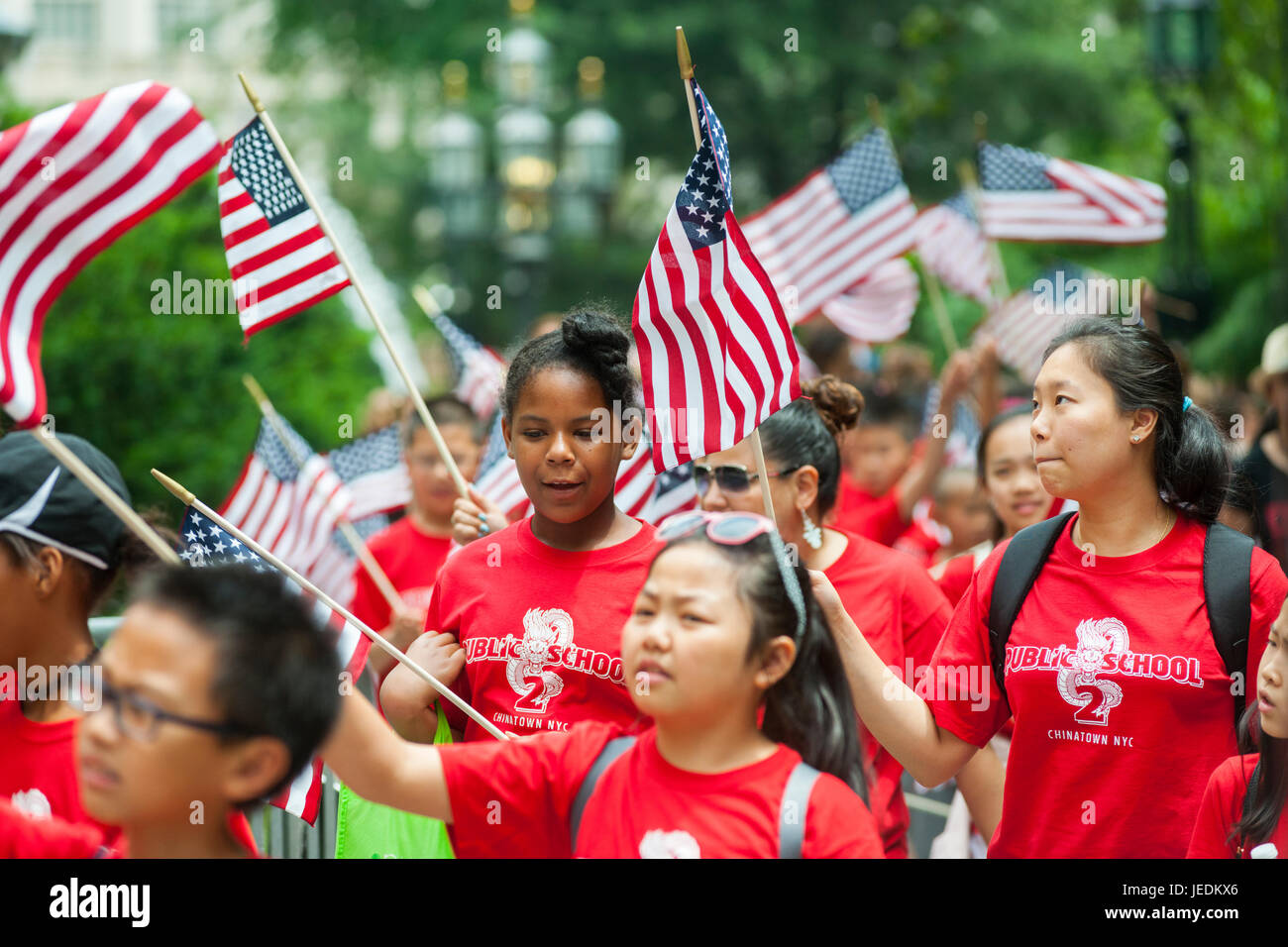 Students from PS 2 march in the annual Flag Day Parade in New York on Wednesday, June 14, 2017, starting at New York City Hall Park.  Flag Day was created by proclamation by President Woodrow Wilson on June 14, 1916 as a holiday honoring America's flag but it was not until 1949 when it became National Flag Day.  The holiday honors the 1777 Flag Resolution where the stars and stripes were officially adopted as the flag of the United States. (© Richard B. Levine) Stock Photo