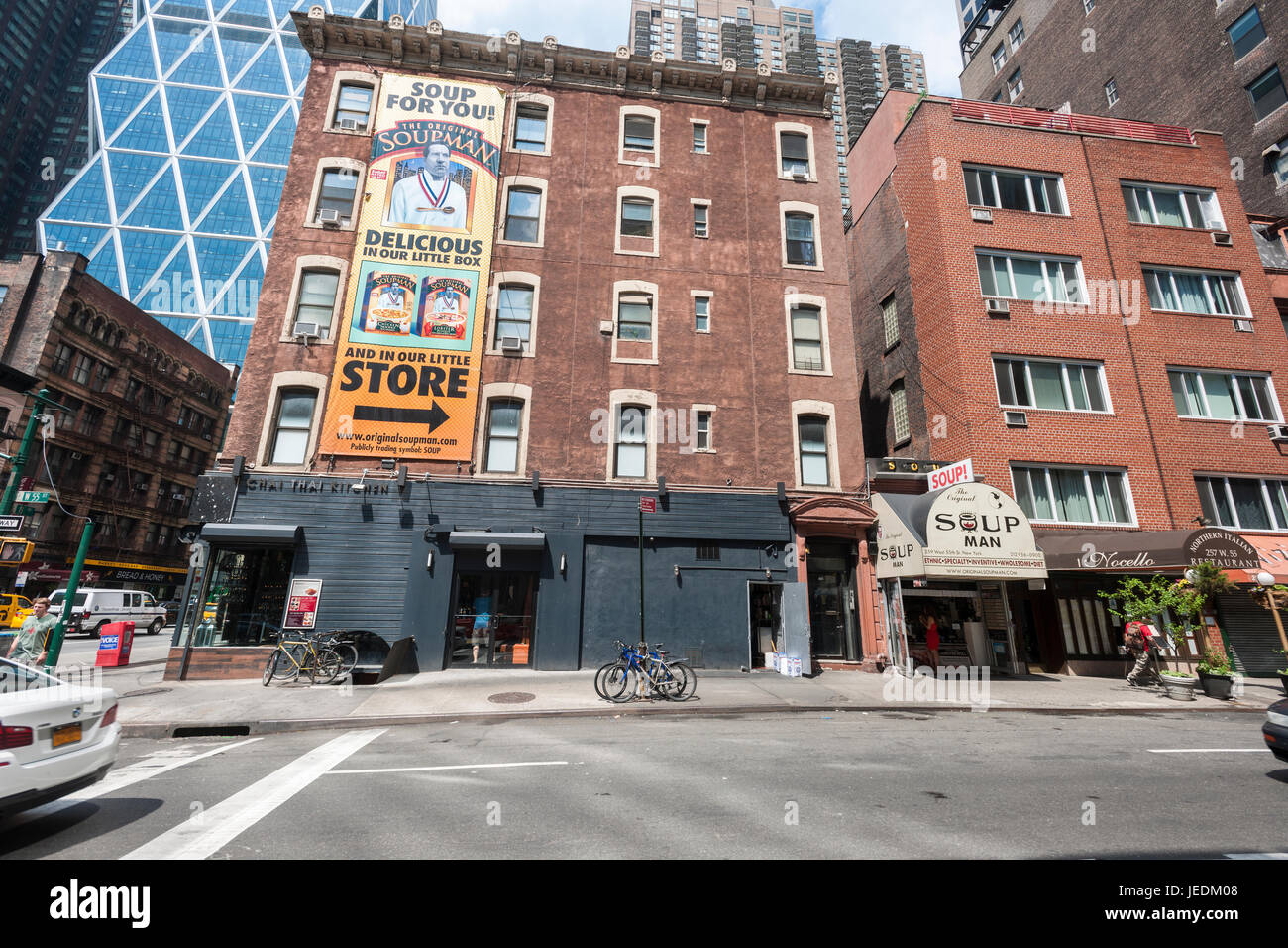 A branch of the Soupman chain of soup take-out restaurants in Midtown in New York on Wednesday, June 14, 2017. Soupman Inc., which licenses the intellectual property of Al Yeganeh, the 'Soup Nazi' from the Seinfeld show,  filed for bankruptcy protection citing among other reasons the liabilities incurred when the former CFO was indicted for allegedly failing to pay income tax, Medicare and FICA for their employees.  (© Richard B. Levine) Stock Photo