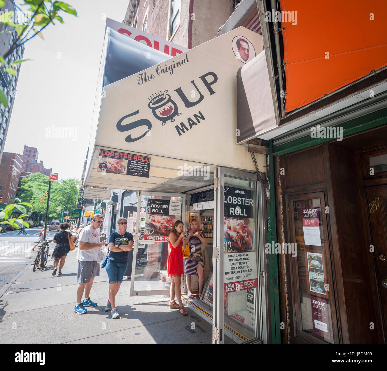 A branch of the Soupman chain of soup take-out restaurants in Midtown in New York on Wednesday, June 14, 2017. Soupman Inc., which licenses the intellectual property of Al Yeganeh, the 'Soup Nazi' from the Seinfeld show,  filed for bankruptcy protection citing among other reasons the liabilities incurred when the former CFO was indicted for allegedly failing to pay income tax, Medicare and FICA for their employees.  (© Richard B. Levine) Stock Photo