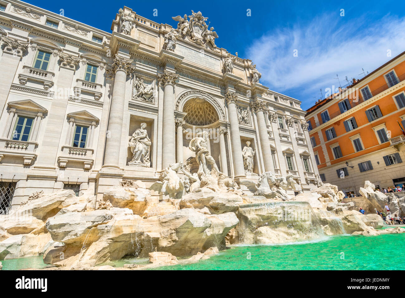 The Trevi Fountain ,Fontana di Trevi, is a fountain in the Trevi rione in Rome, Italy. Standing 25.9 meters high and 19.8 meters wide, it is the large Stock Photo