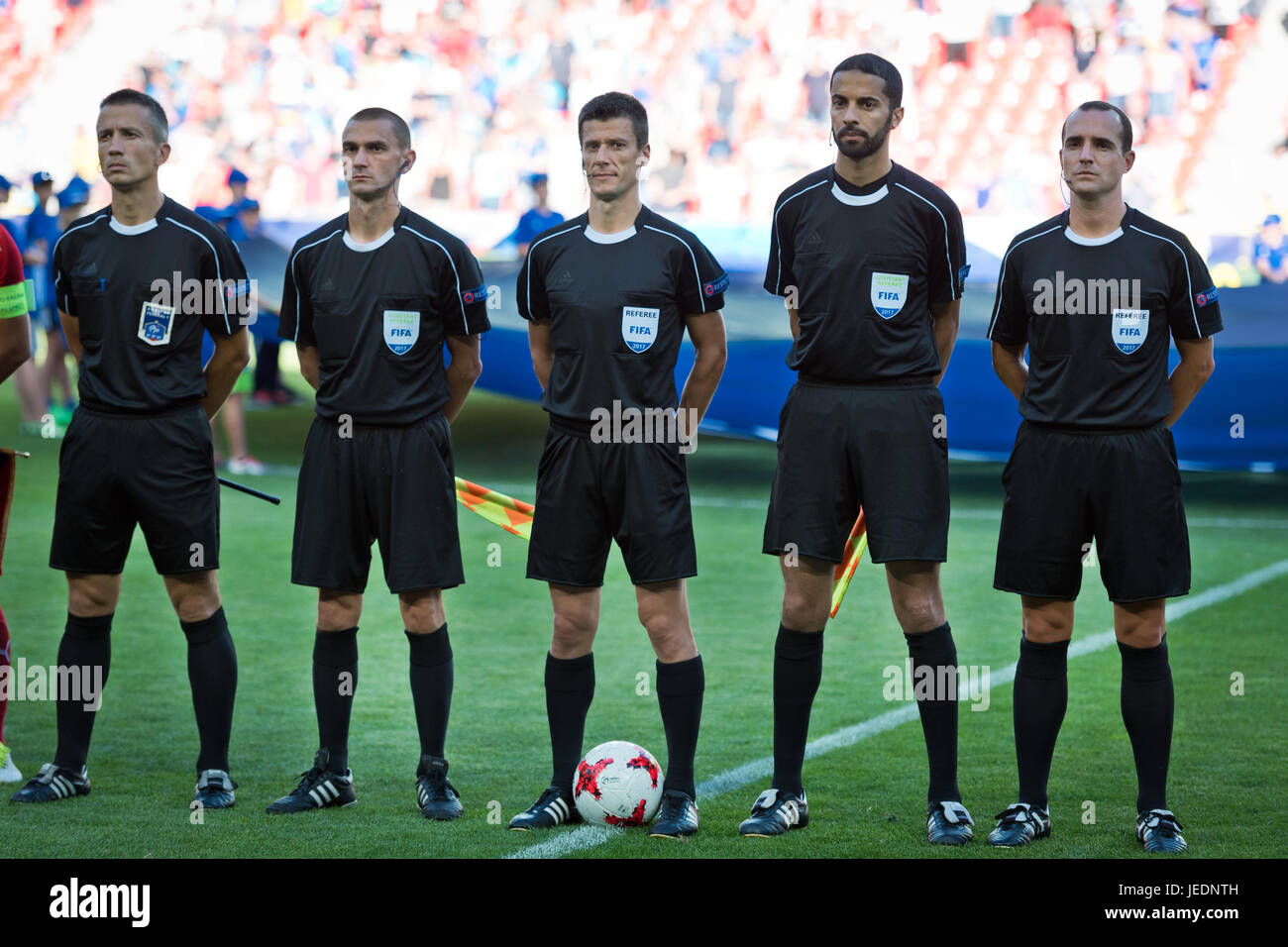 TYCHY, POLAND - JUNE 21, 2017: UEFA European Under-21 Championship  match group C between Czech Republic - Italy 3:1. Five referees with Benoit Bastie Stock Photo
