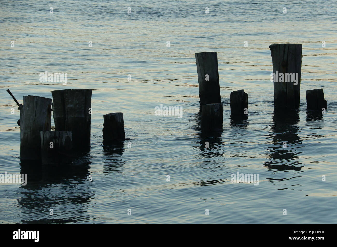 Pylons in Water at Sunset Stock Photo Alamy