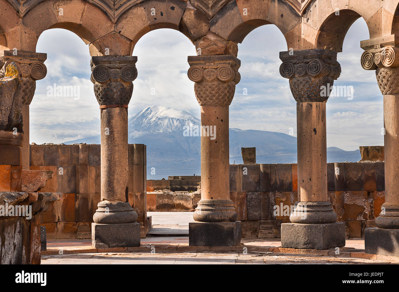 Ruins of the Temple of Zvartnots with Mt Ararat in the background, Armenia. Stock Photo
