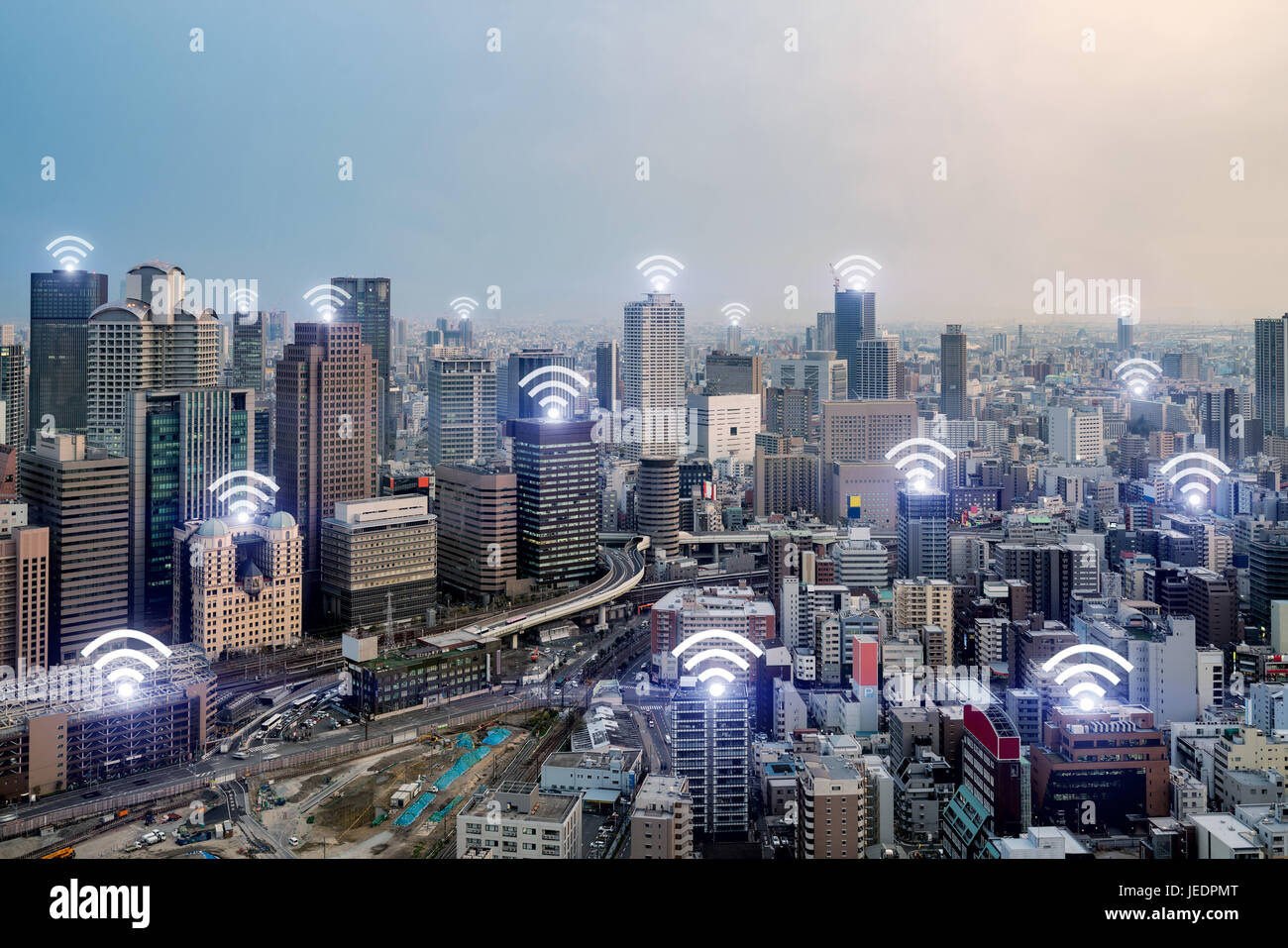 Wifi icon and Osaka city with wireless network connection. Osaka smart city and wireless communication network, abstract image visual, internet of thi Stock Photo