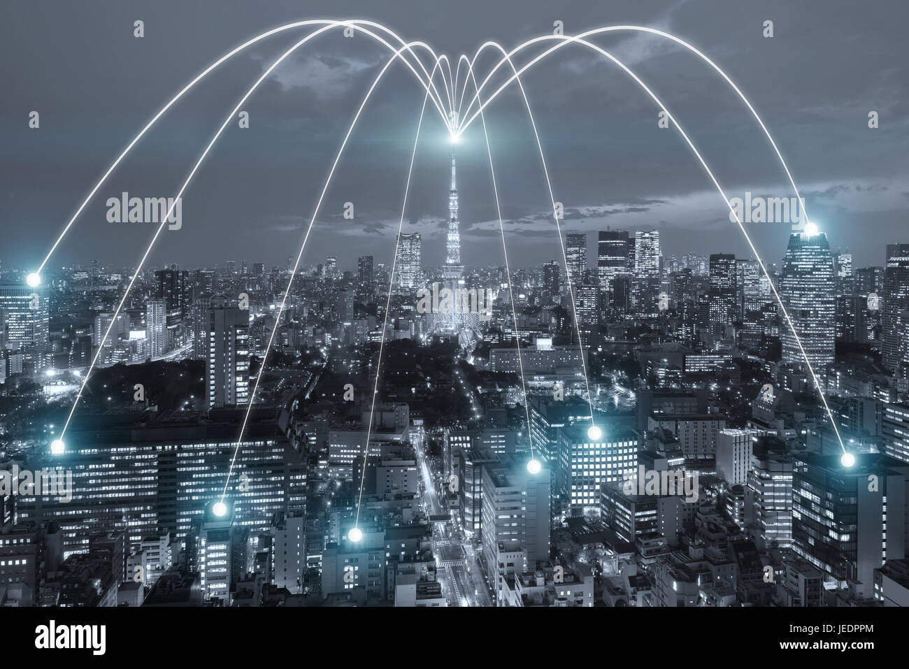 Wifi icon and Tokyo city with network connection concept, Tokyo smart city and wireless communication network, abstract image visual, internet of thin Stock Photo