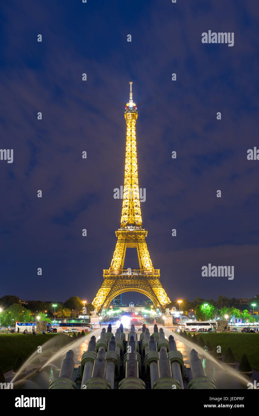 PARIS, FRANCE - May 8, 2016: Beautiful night scene of illuminated Eiffel Tower at dusk, Paris, France. Stock Photo