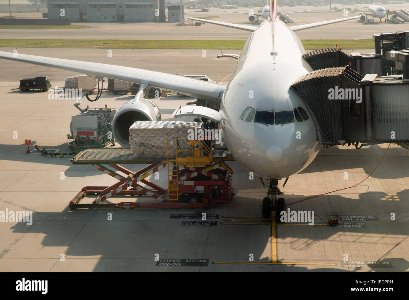 Loading cargo on plane in airport before flight. Stock Photo