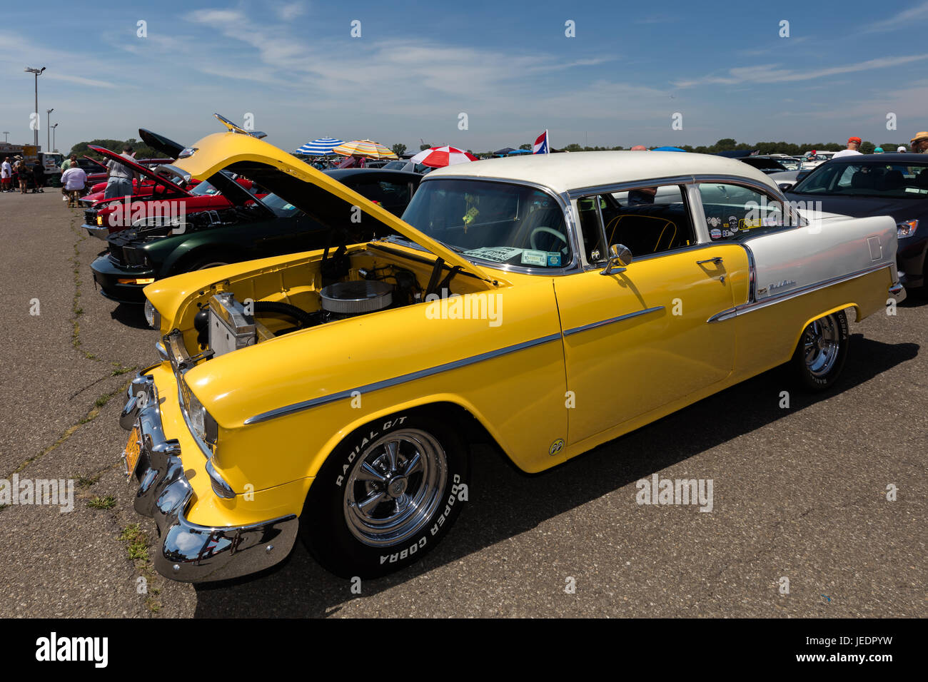 BROOKLYN, NEW YORK - JUNE 11 2017: A 1955 Chevrolet on display at the Antique Automobile Association of Brooklyn Annual Show at the Floyd Bennett Fiel Stock Photo
