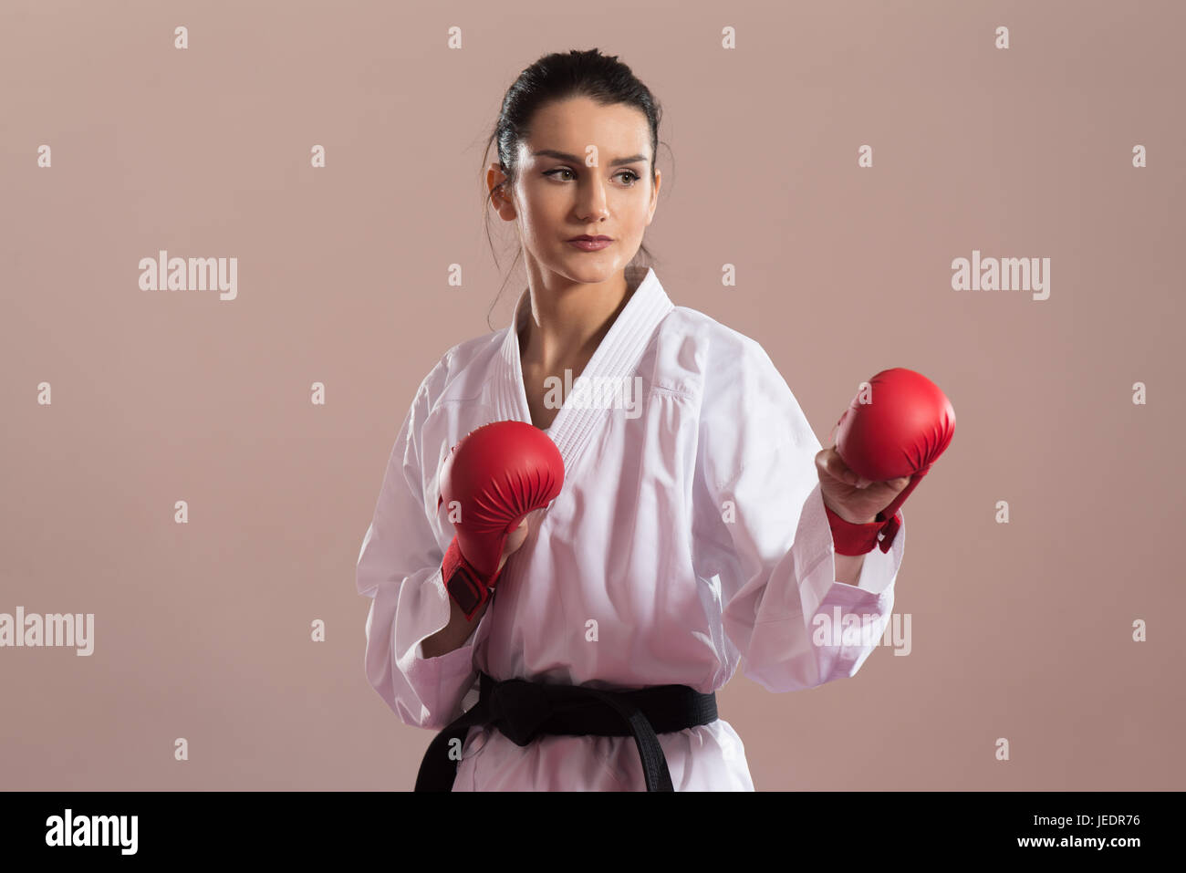 Young Woman Dressed In Traditional Kimono Practicing Her Karate Moves Black Belt Stock Photo