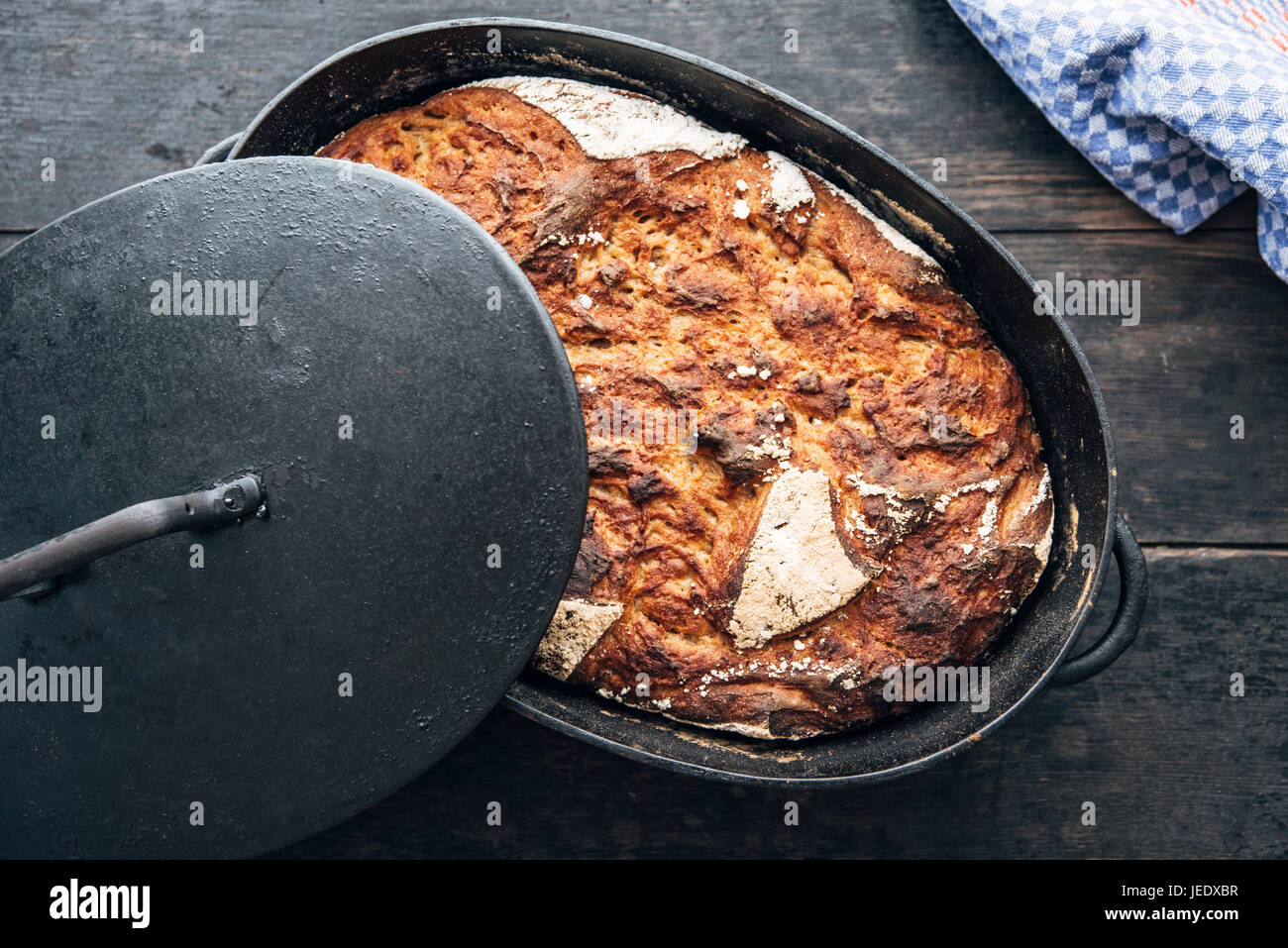 Potato Malt Bread with rye and sourdough, baked in an old iron cast pot Stock Photo