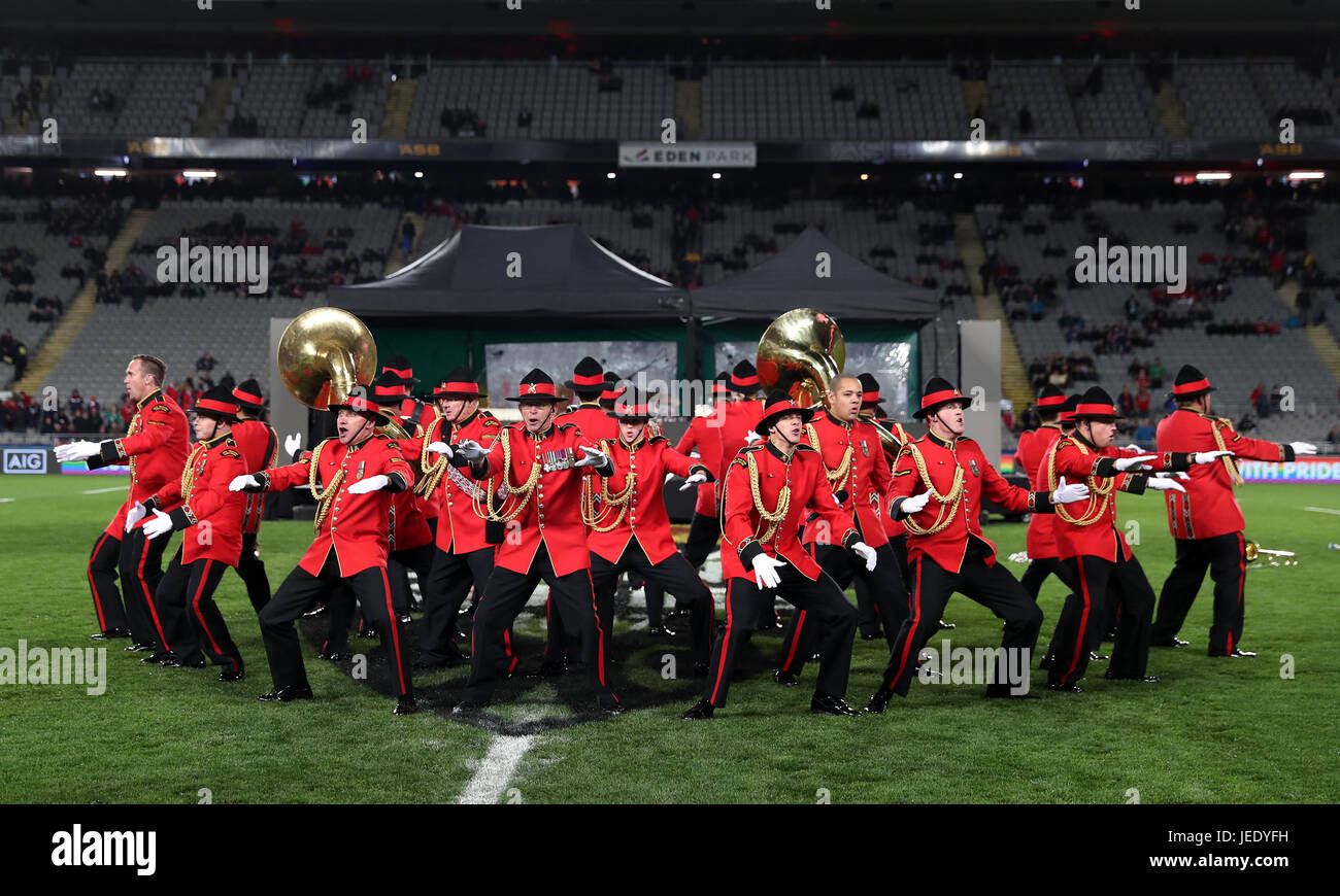 The New Zealand Army band performs the haka before the first test of the 2017 British and Irish Lions tour at Eden Park, Auckland. Stock Photo