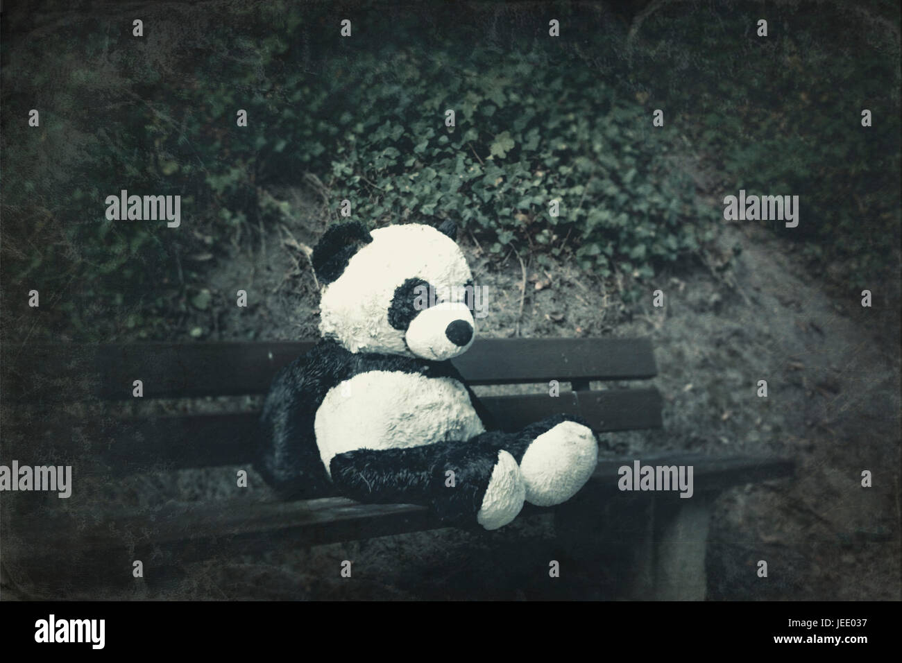 Stofftier Panda auf Parkbank, Wuppertal, Deutschland Stock Photo