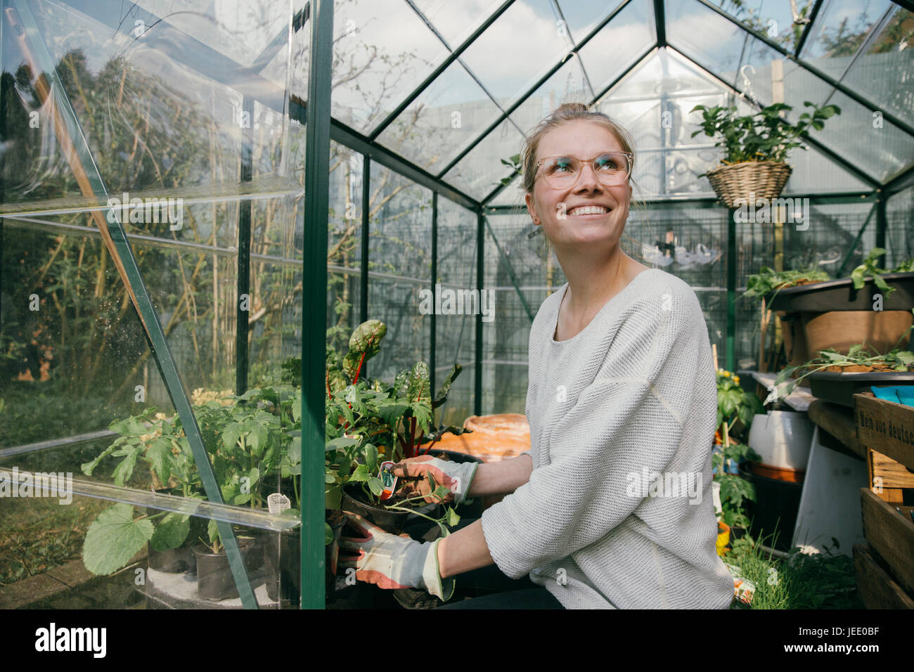 Portrait of happy young woman in her greenhouse Stock Photo - Alamy