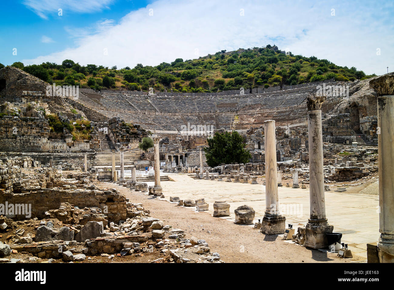 Ancient Roman Archaeological site with The Theatre in Ephesus, Anatolia a popular tourist attraction. Stock Photo