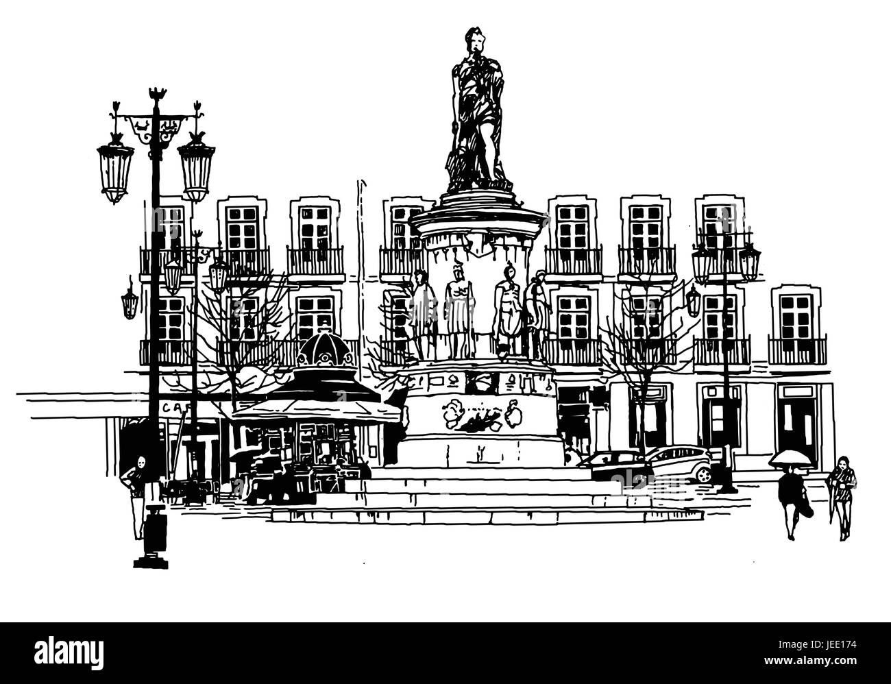 Camoes square in lisbon - vector illustration Stock Vector