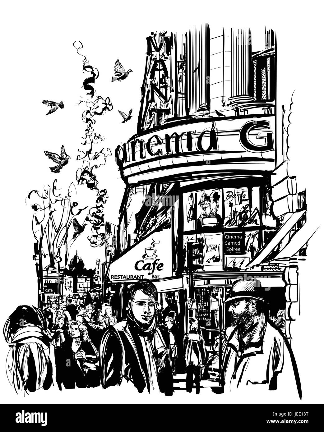 Paris - Cinema in Grands Boulevards - vector illustration Stock Vector