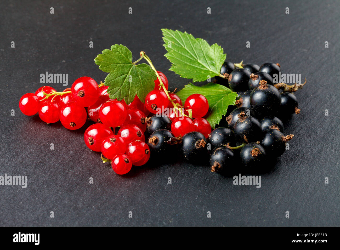 Black and red currants on a dark background, close-up Stock Photo