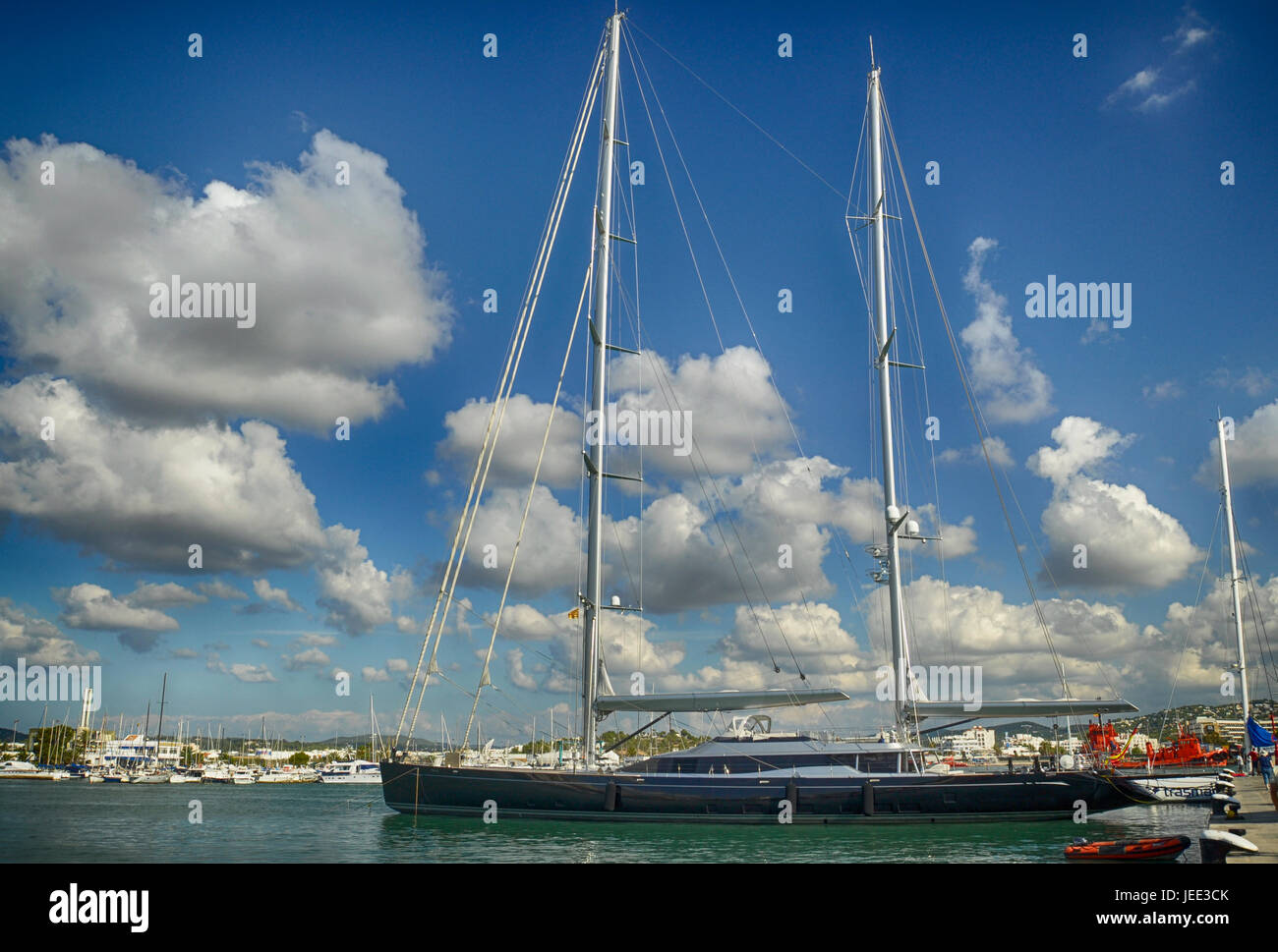 Large luxury sailboat docked at the port of Ibiza Stock Photo
