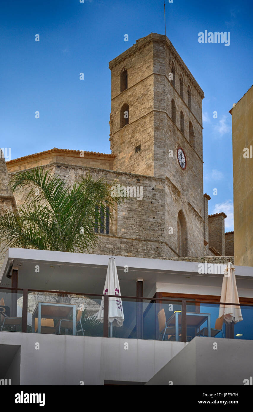 Bottom view of Ibiza cathedral and belfry Stock Photo