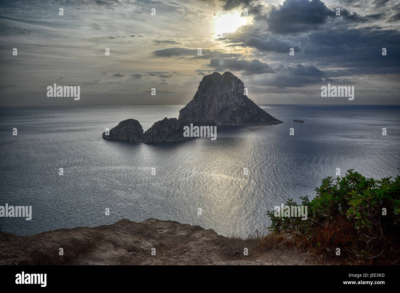 View of Es Vedrà rocky island fron Ibiza coast, Spain Stock Photo
