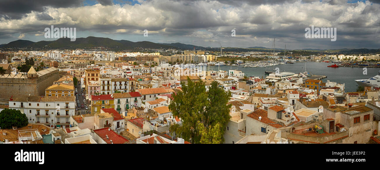 Wide Ibiza town panorama with harbour and city center Stock Photo