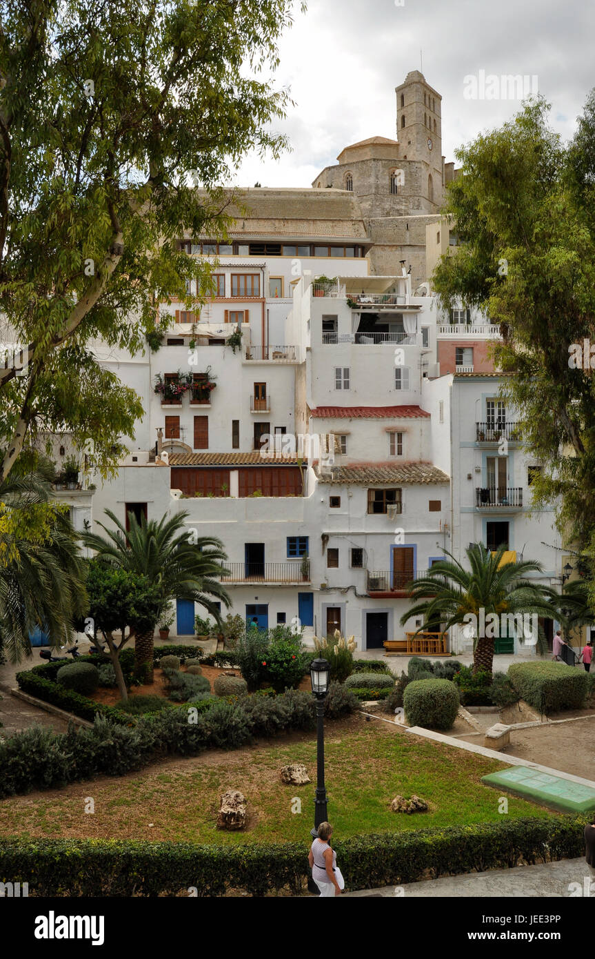 View of Ibiza white houses and cathedral. Stock Photo