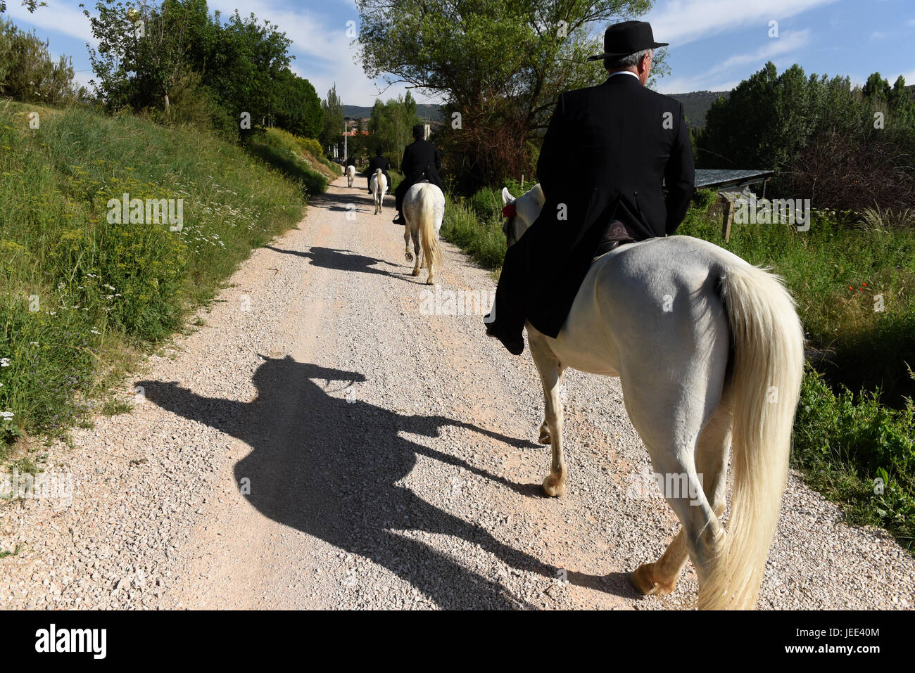 San Pedro Manrique, Spain. 24th June, 2017. A man riding a horse casts a shadow during the celebration of the ancient tradition of 'La Descubierta' in San Pedro Manrique, northern Spain. Credit: Jorge Sanz/Pacific Press/Alamy Live News Stock Photo